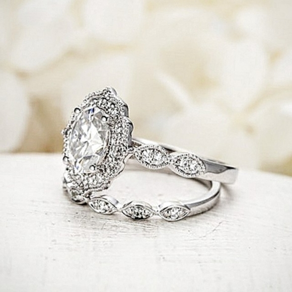 Vintage Antique Art Deco White Gold Ring Set - Picture 2 of 5